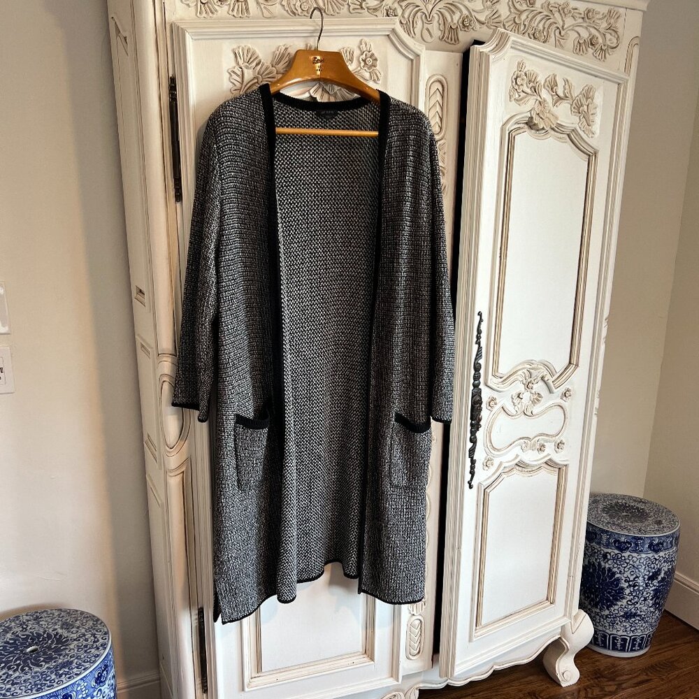 J JILL BLACK WHITE GRAY TWEED LOOK LONG CARDIGAN WITH PATCH POCKETS XL PETITE